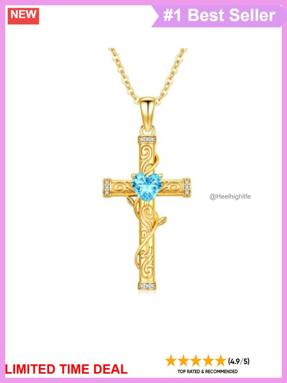 14K Gold Cross Necklace Heart Birthstone Pendant